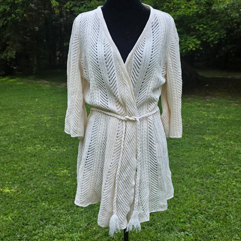 TOMORROWLAND Women's M Ivory Cotton Open Knit Duster Cardigan Belted Bell Sleeve